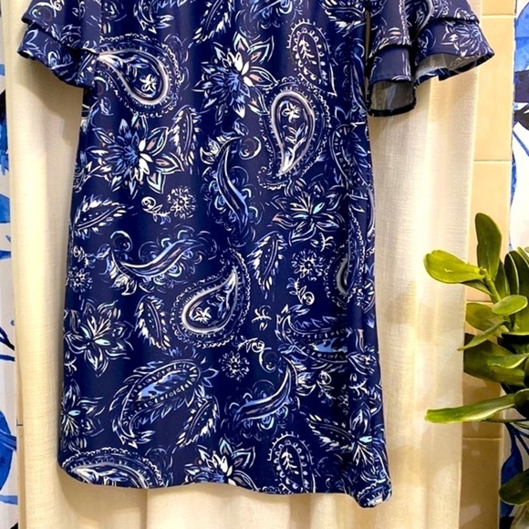 NWOT Women’s Aretha Nylon & Spandex Blue Paisley Ruffle Sleeve Dress Size Small - Picture 3 of 8